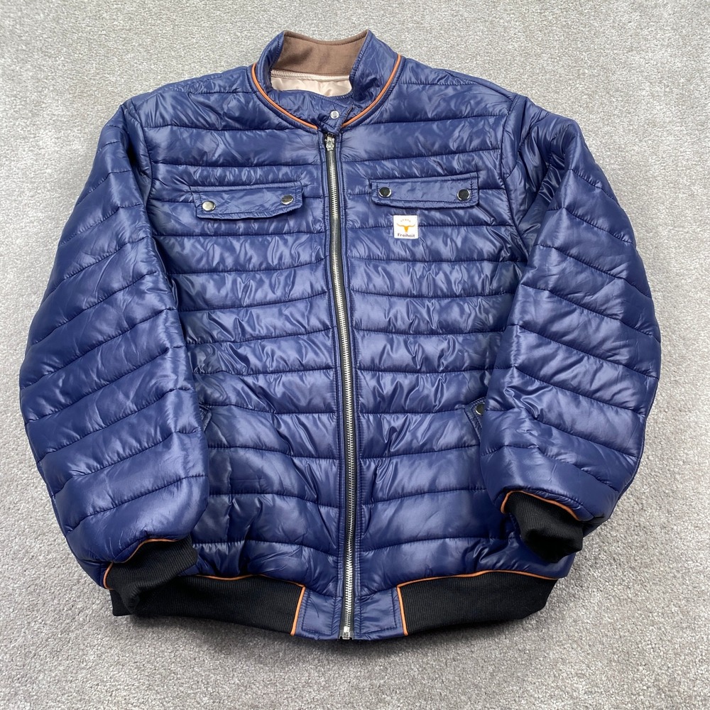 Freiheit Mens Puffer Jacket Navy Blue Quilted Full Zip Longhorn Logo Size L